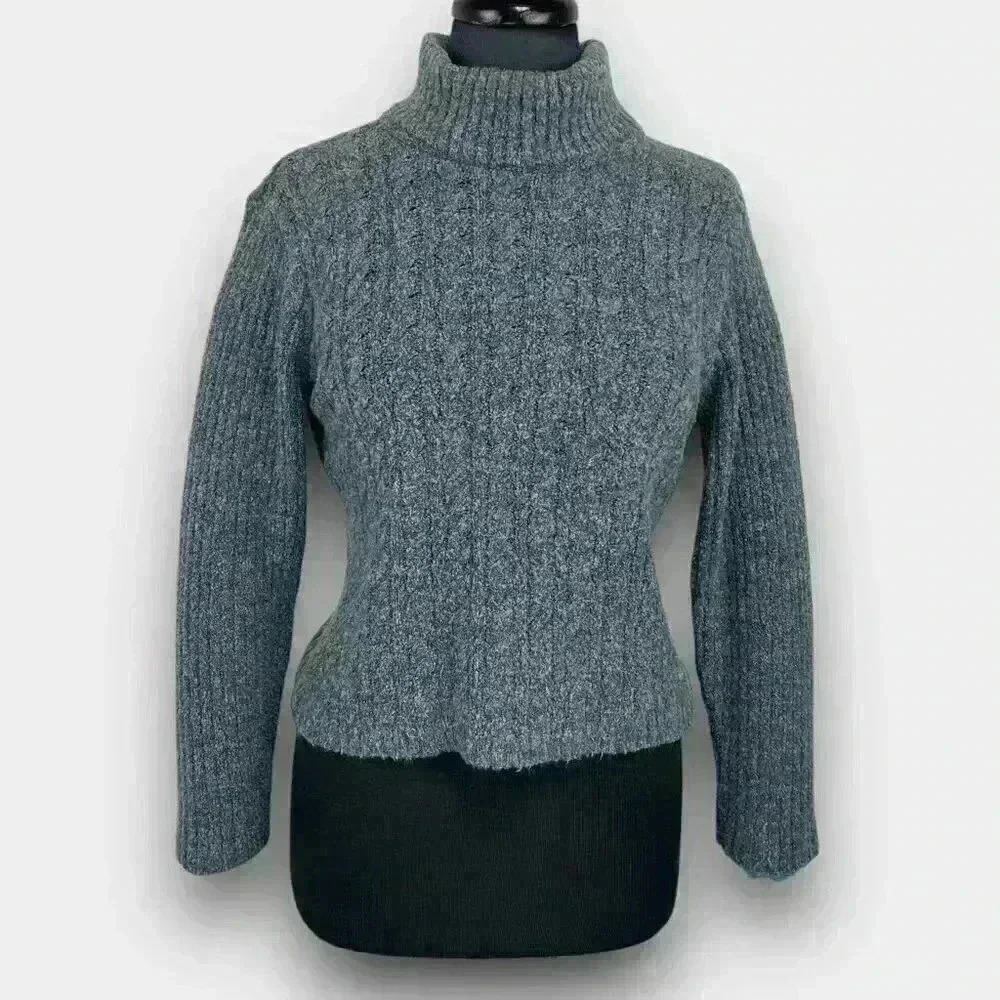 Daniel Hechter Petites Women's Cropped Turtleneck Sweater M Blue Textured Knit